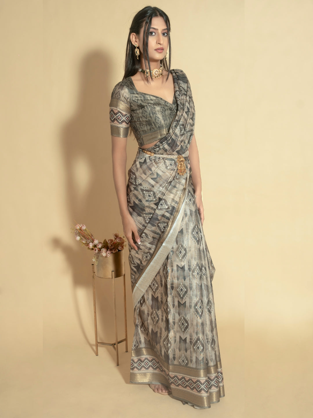 Ikat-Inspired Geometric Print Saree in Greyscale with Wide Zari Border