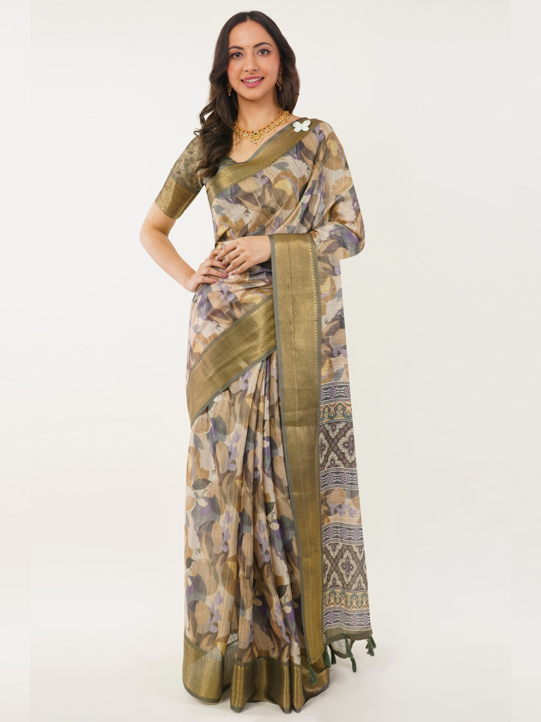Olive & Beige Floral Print Saree with Antique Zari Border