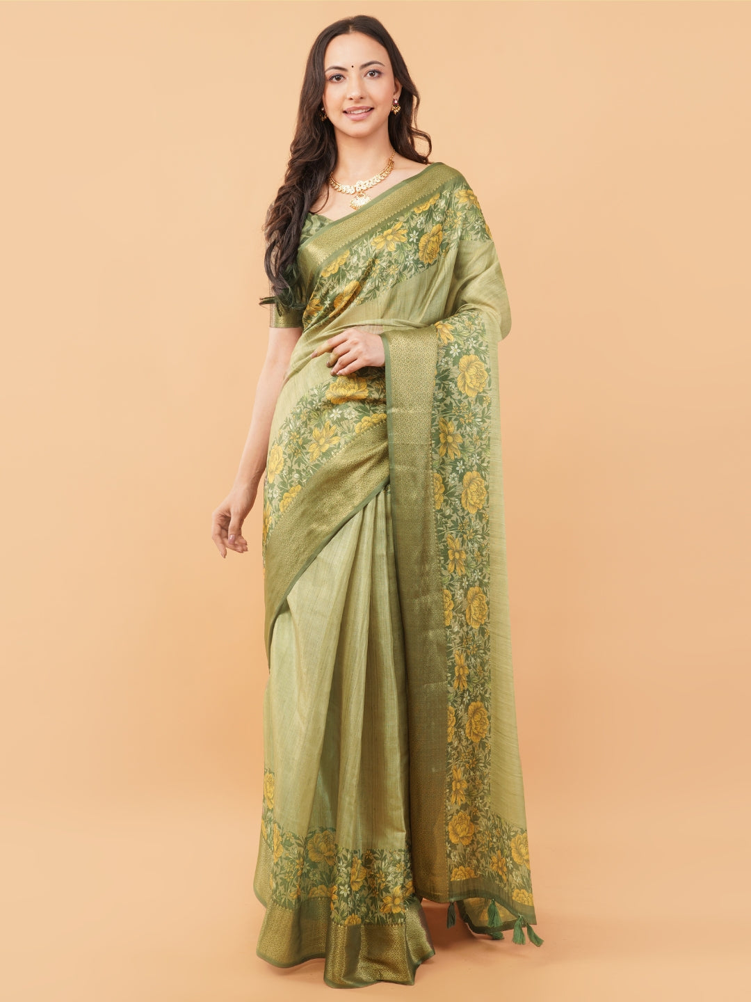 Metallic Gold Floral Saree with Floral Border and Tassel Pallu