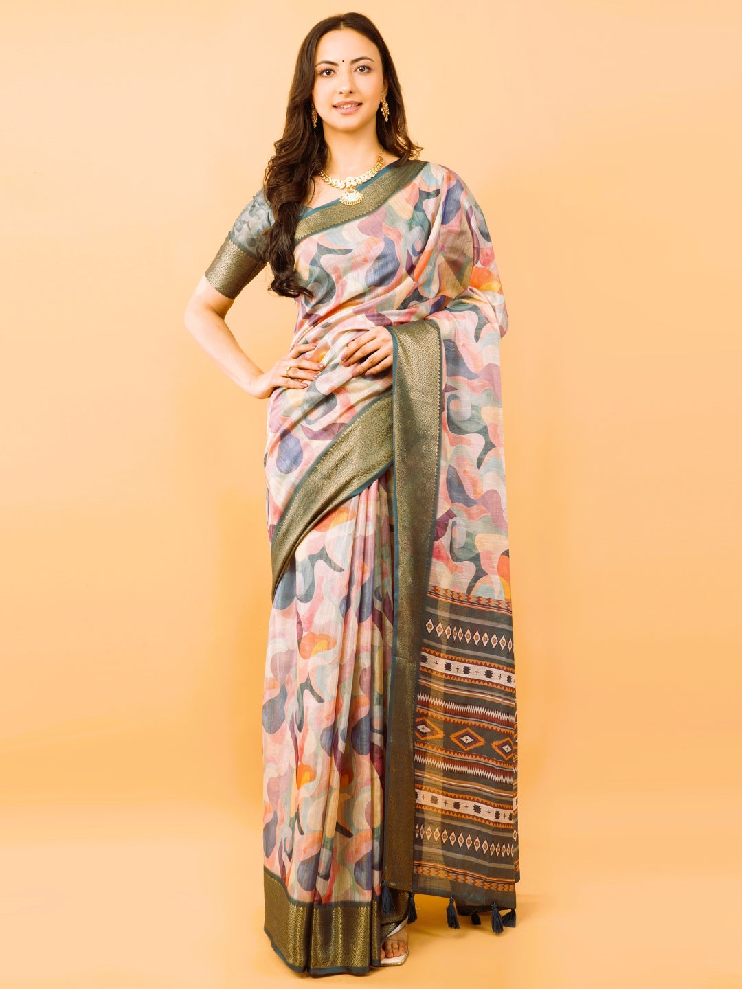 Multi-Color Abstract Print Saree with Antique Zari Border