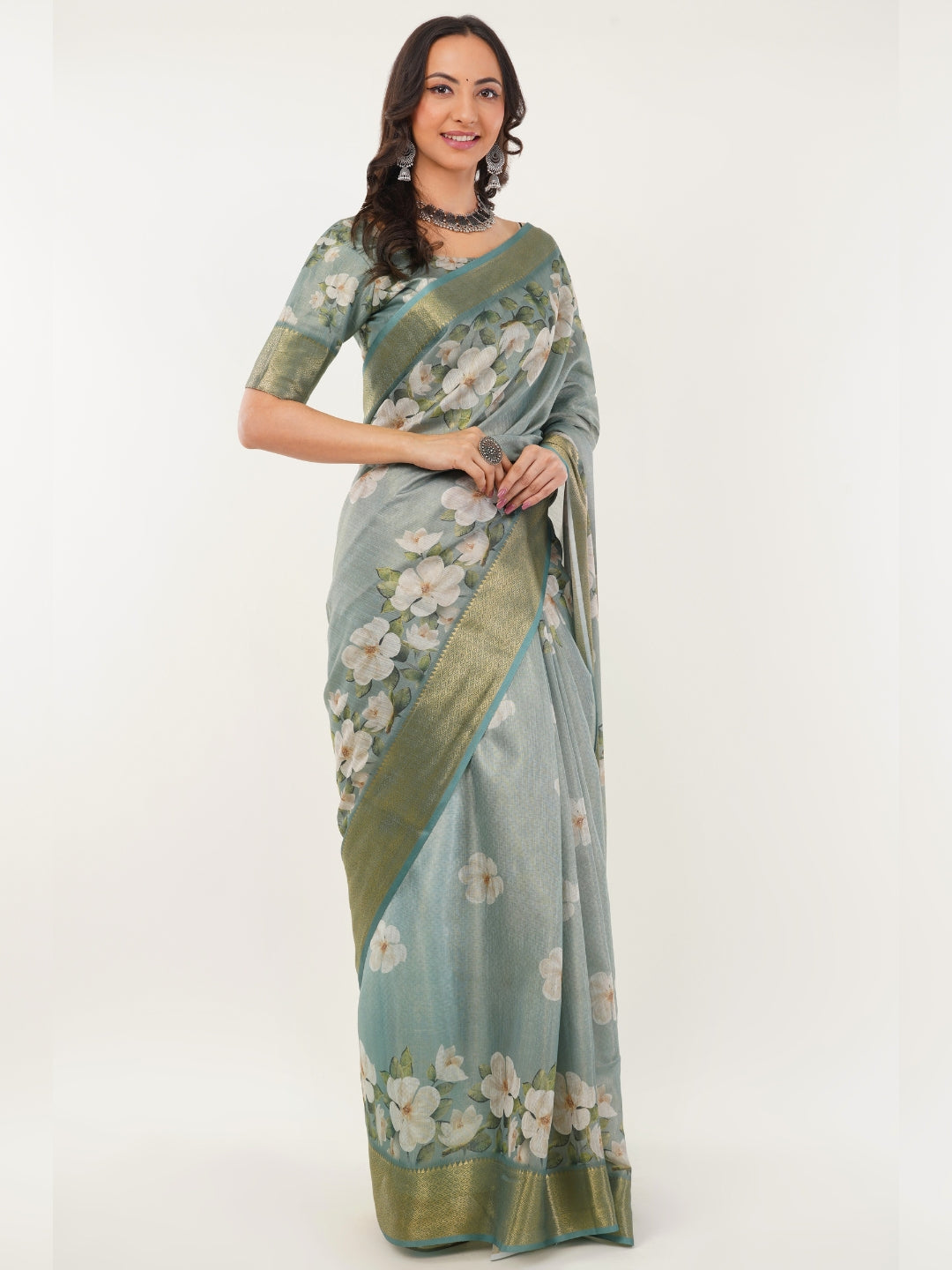 Sea Green Floral Print Saree with Antique Zari Border