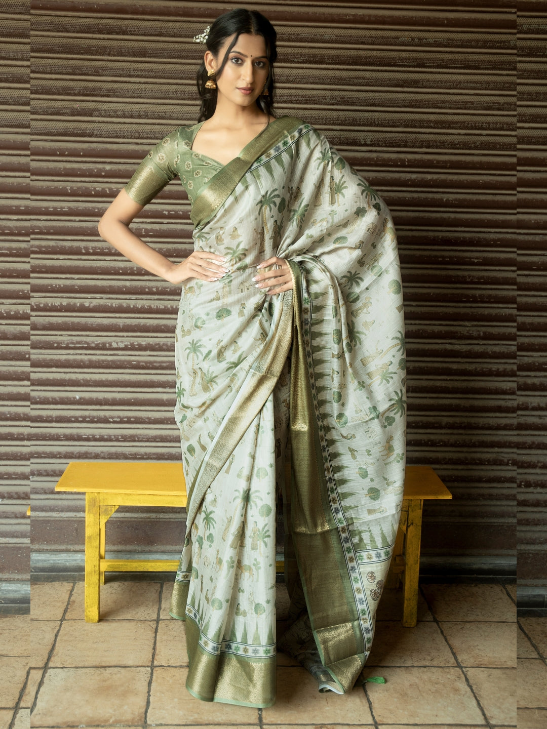 Sage Green and Cream Village Life Illustrative Saree with Antique Gold Zari Border