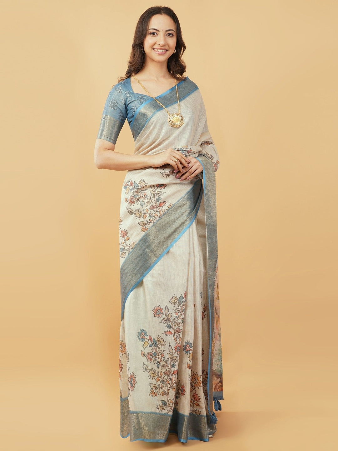 Cream and Dusty Blue Kalamkari Peacock Print Saree with Zari Border