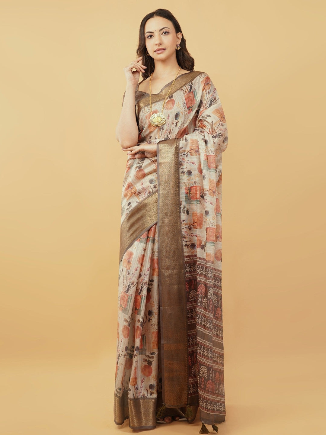 Cream and Rust Botanical Print Saree with Bronze Zari Border