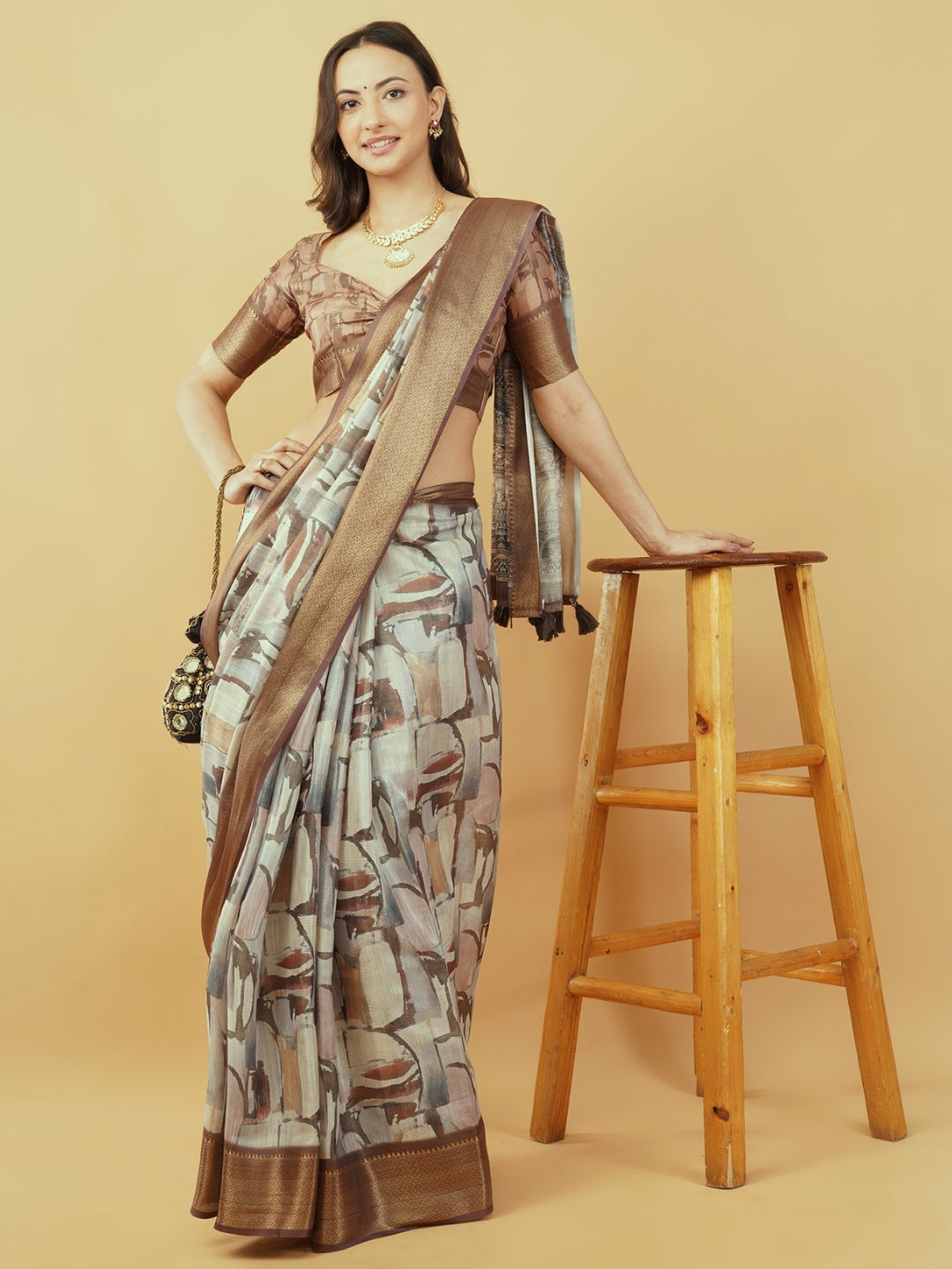 Cream and Brown Abstract Block Print Saree with Bronze Zari Border