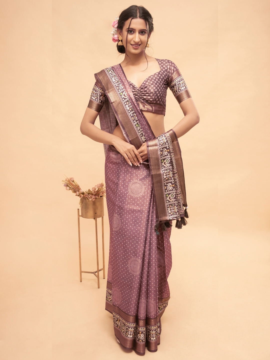 Mauve Mandala Print Saree with Patola-Style Zari Border and Ruched Blouse