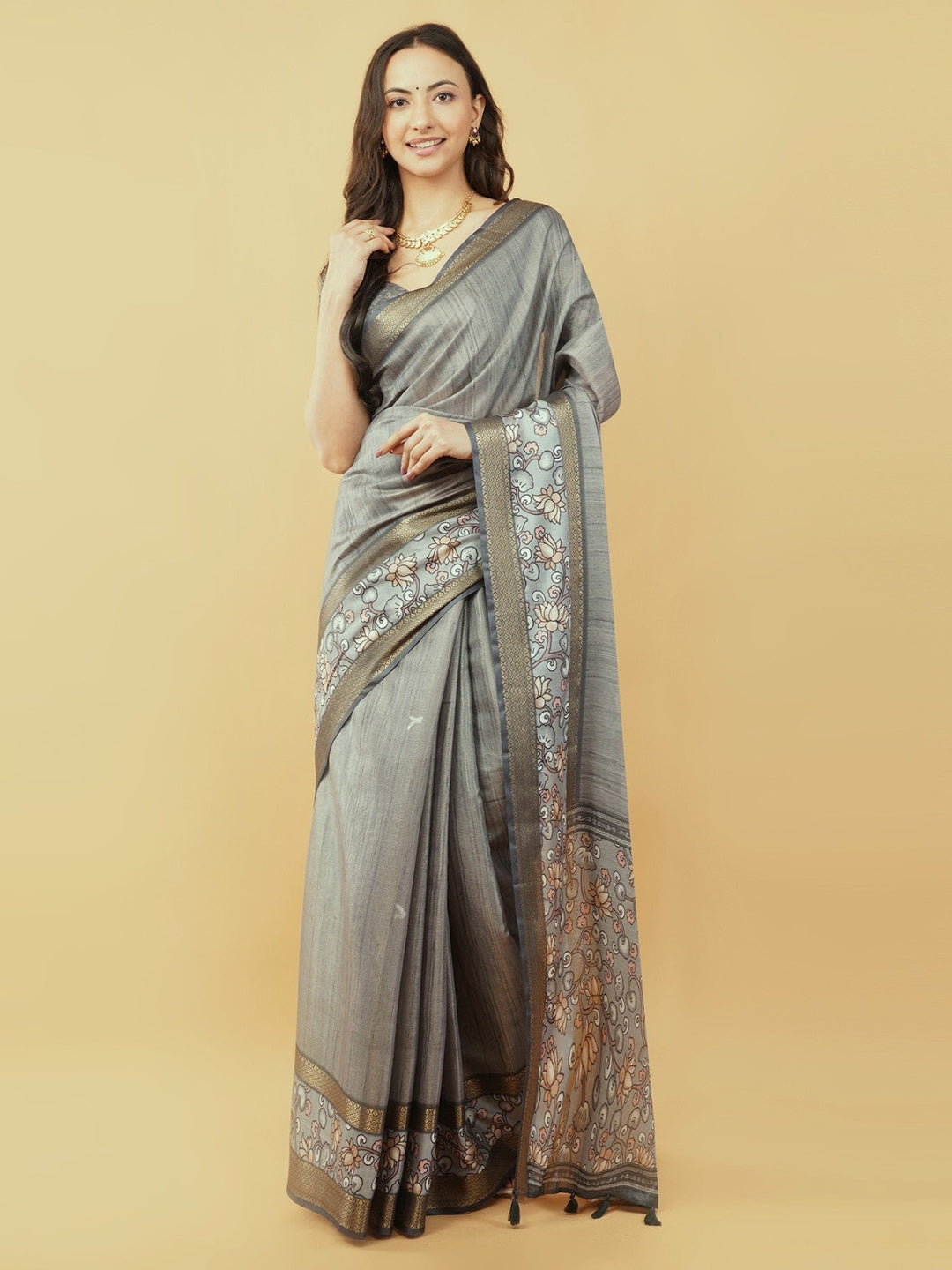 Beige and Rust Abstract Botanical Saree with Bronze Zari Border
