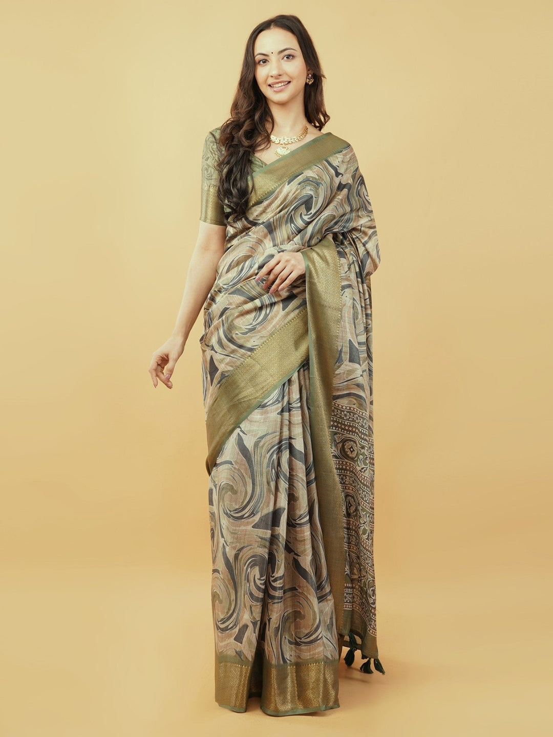 Mehendi Green Marble Swirl Print Saree with Antique Gold Zari Border