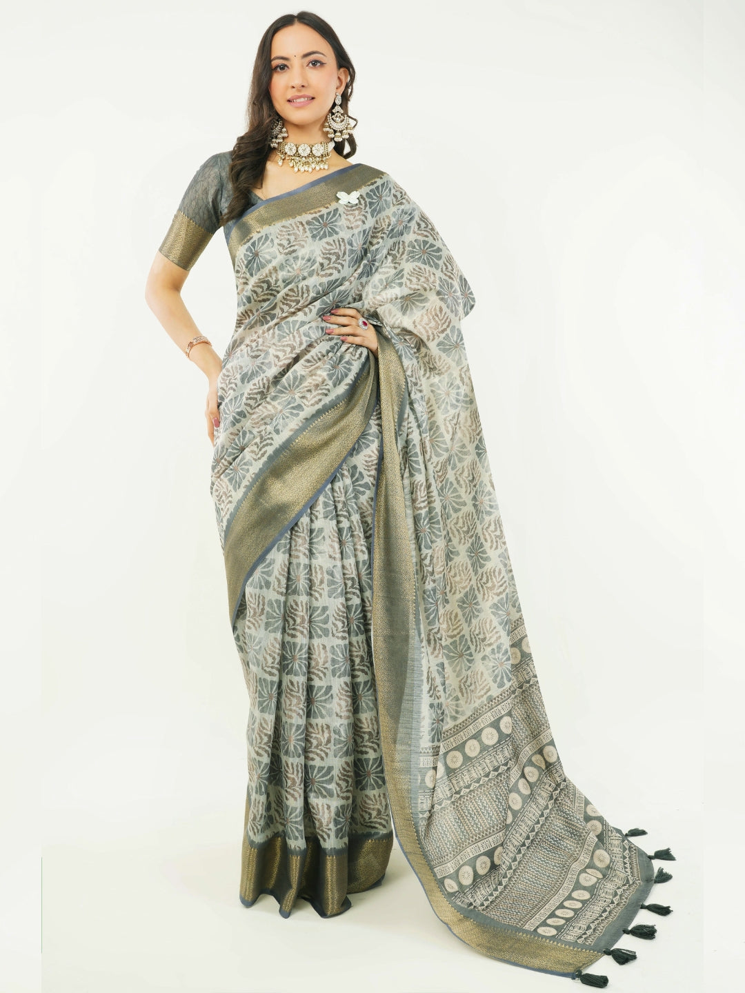 Charcoal Grey & Off-White Abstract Print Saree with Antique Zari Border