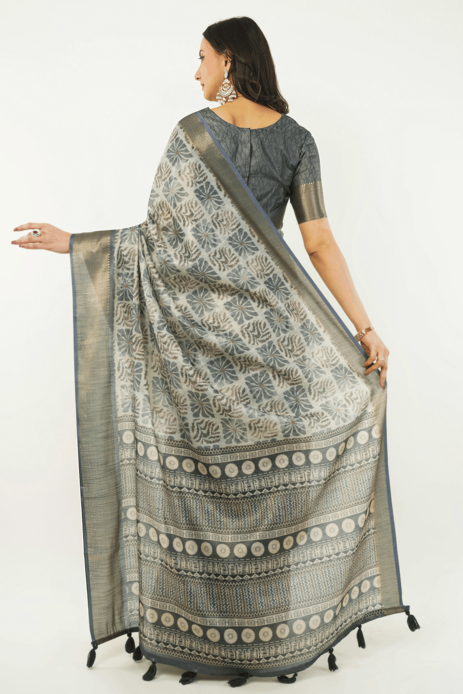 Charcoal Grey & Off-White Abstract Print Saree with Antique Zari Border