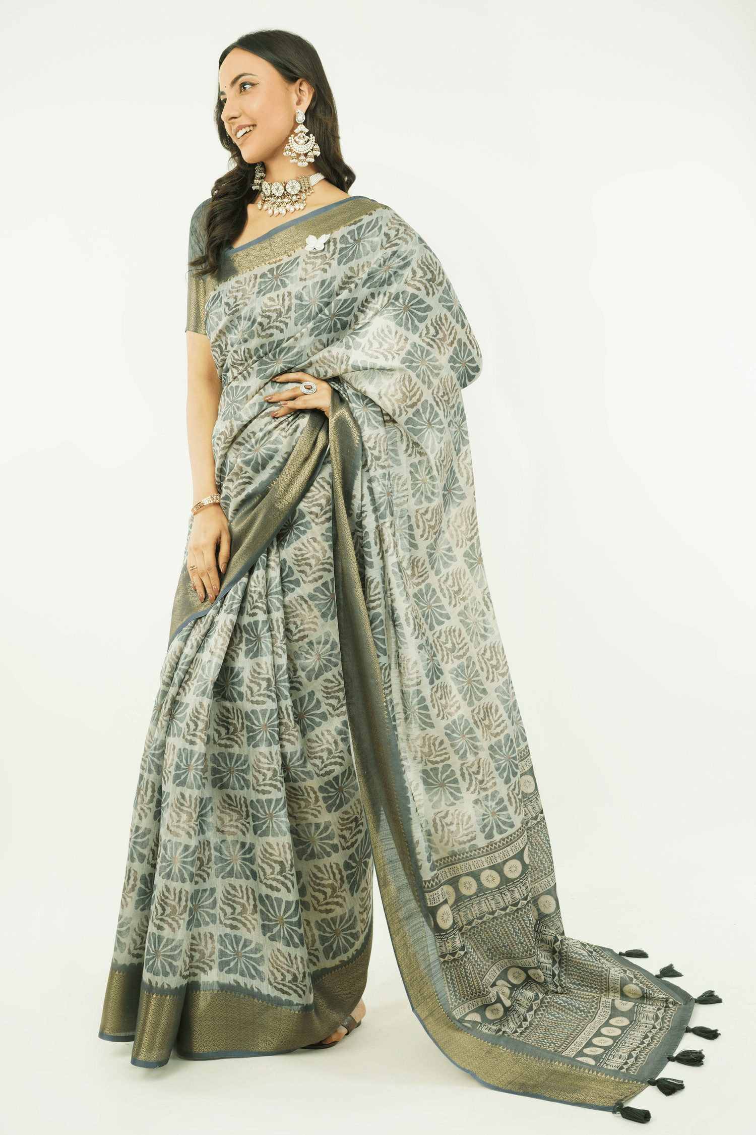 Charcoal Grey & Off-White Abstract Print Saree with Antique Zari Border