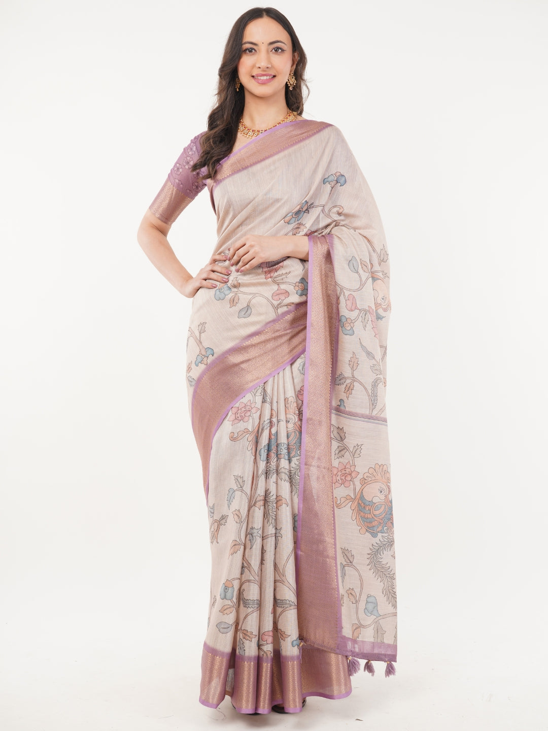 Cream Kalamkari Floral Saree with Rose-Gold Zari Border and Mauve Blouse