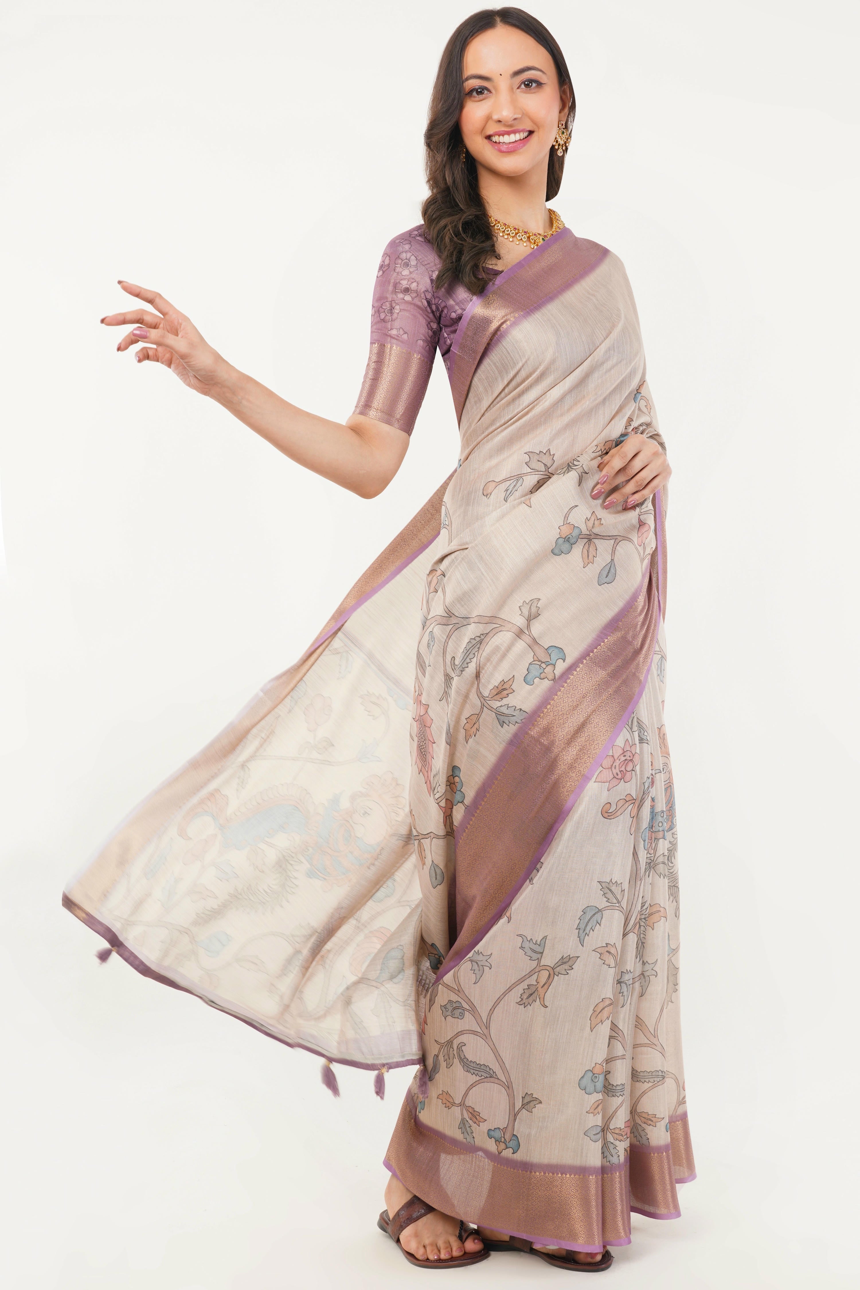 Cream Kalamkari Floral Saree with Rose-Gold Zari Border and Mauve Blouse