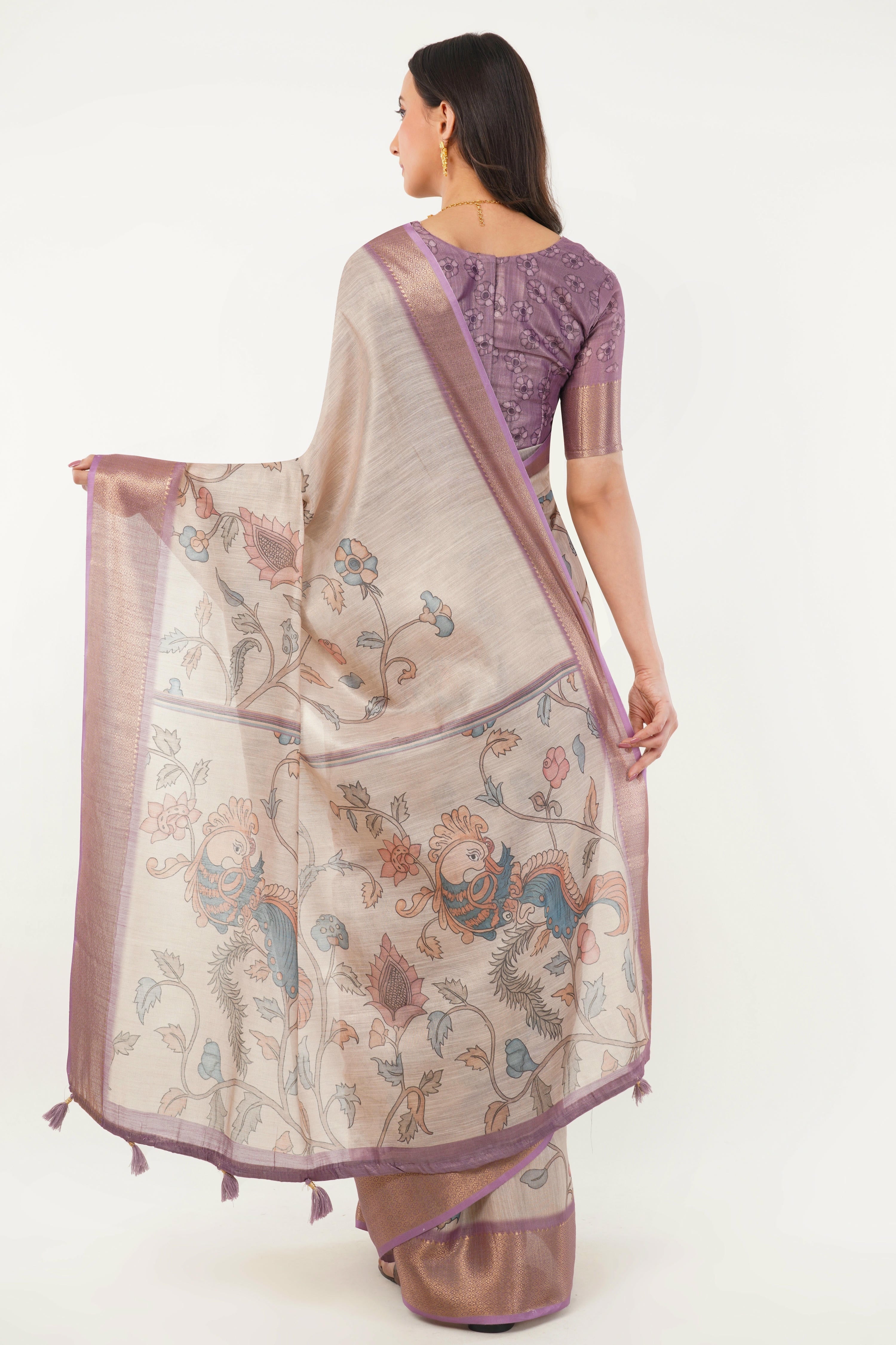 Cream Kalamkari Floral Saree with Rose-Gold Zari Border and Mauve Blouse