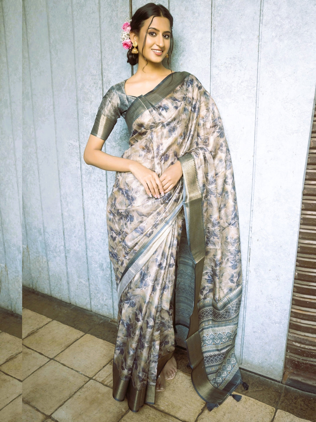 Smoky Blue and Beige Abstract Print Saree with Antique Zari Border