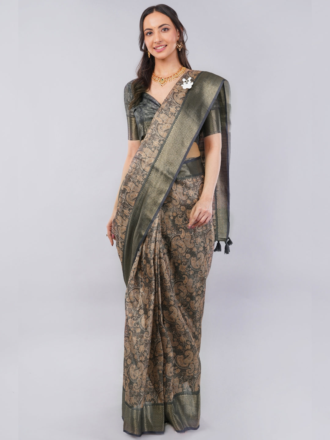 Rust & Charcoal Paisley Ready-to-Wear Saree with Pocket