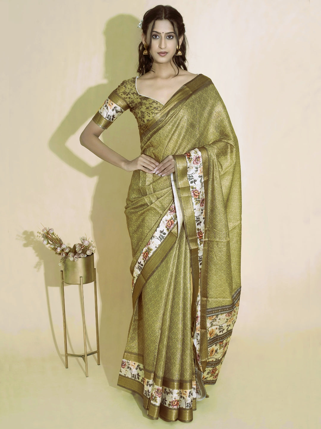 Antique Gold Olive Textured Saree with Floral Border and Zari Accents