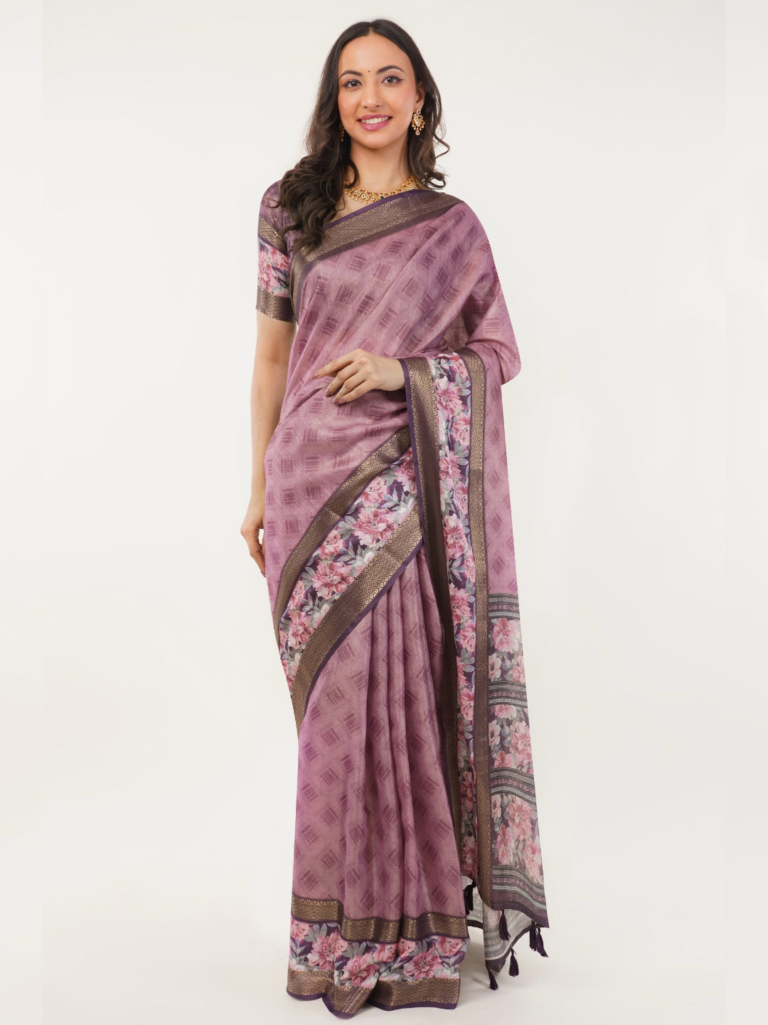 Mauve Geometric Print Saree with Floral Border