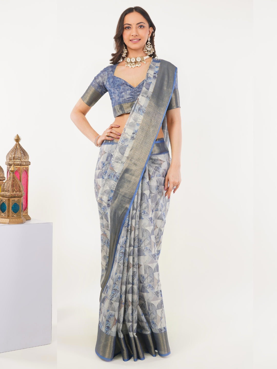 Cool Grey & Indigo Geometric Print Saree with Antique Zari Border