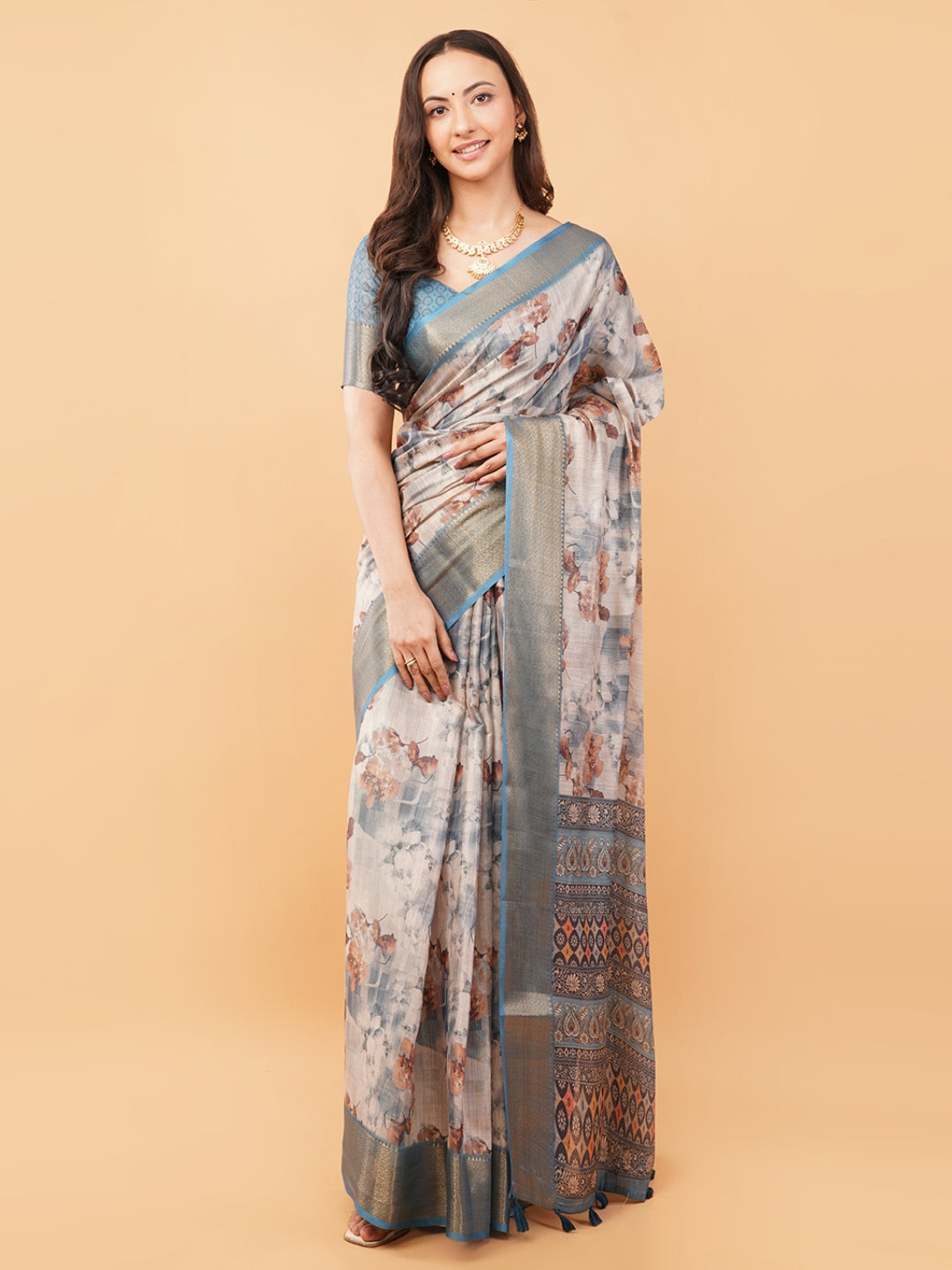 Steel Blue Geometric and Floral Print Saree with Dull Gold Zari Border