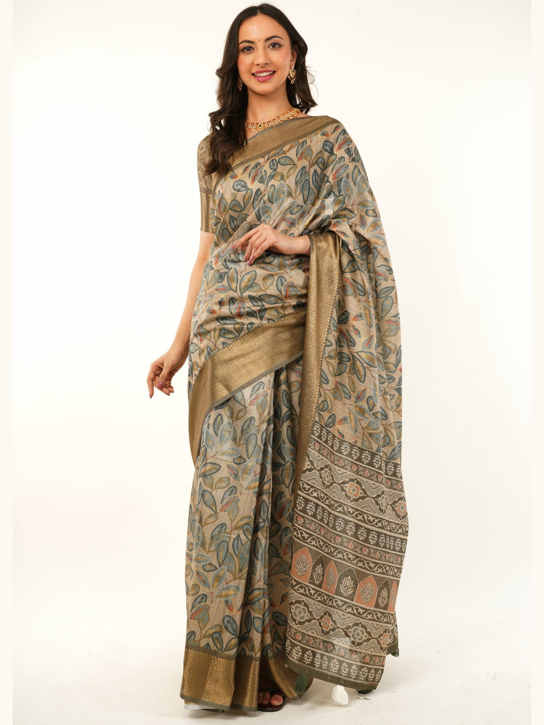 Samantha Olive Green Leaf Print Saree with Zari Border and Printed Pallu
