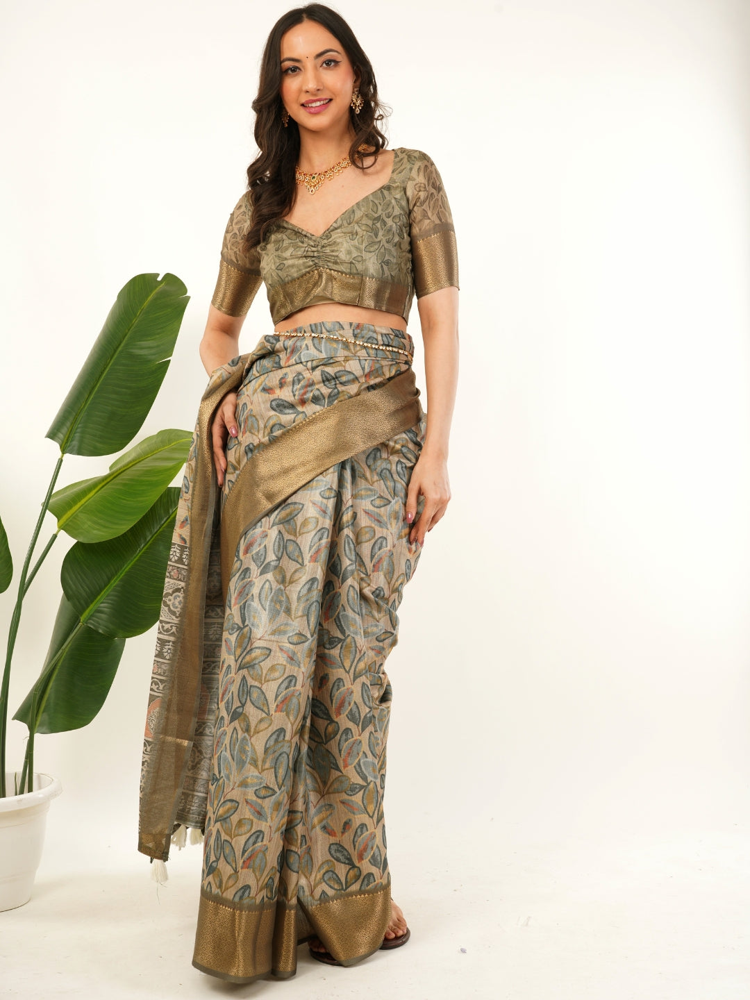 Samantha Olive Green Leaf Print Saree with Zari Border and Printed Pallu
