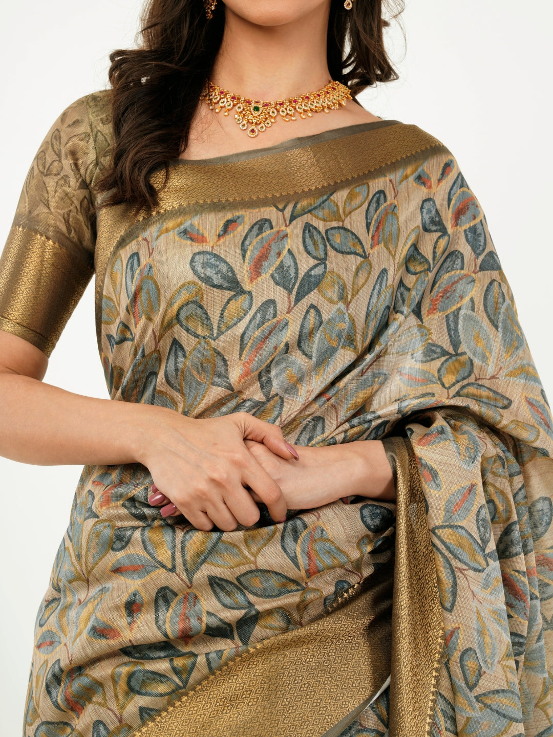 Samantha Olive Green Leaf Print Saree with Zari Border and Printed Pallu
