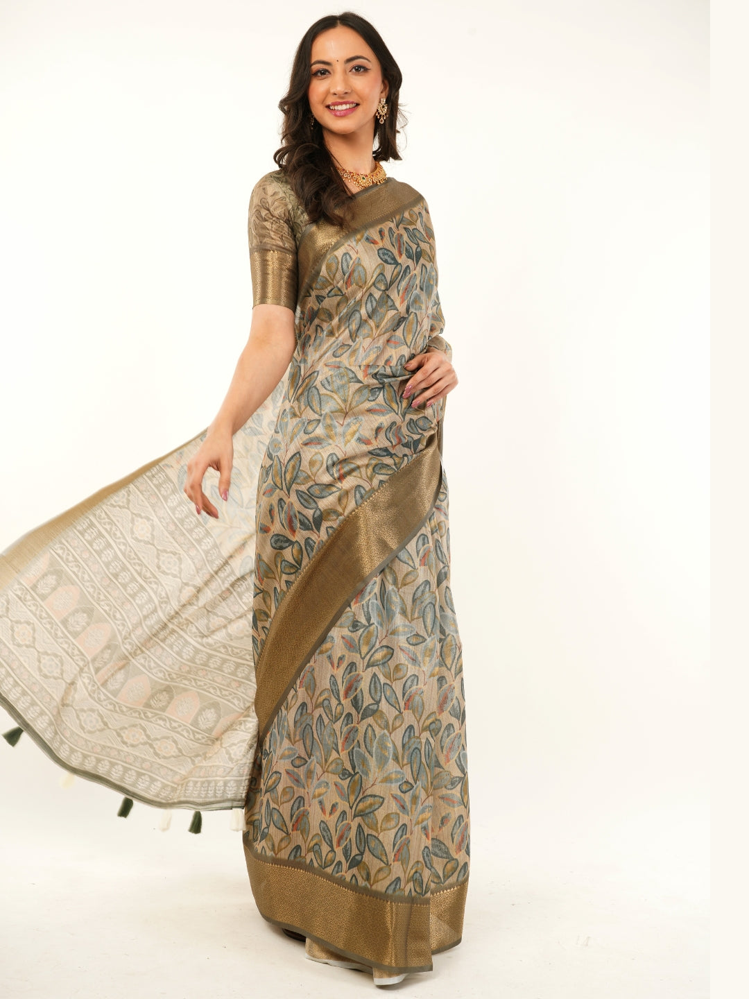 Samantha Olive Green Leaf Print Saree with Zari Border and Printed Pallu