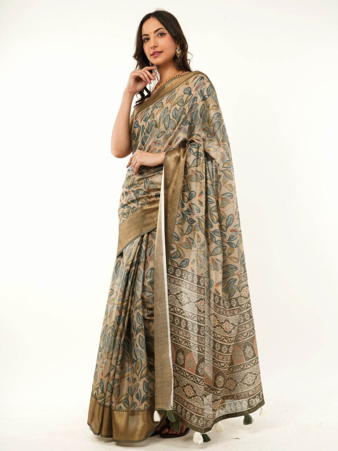 Samantha Olive Green Leaf Print Saree with Zari Border and Printed Pallu