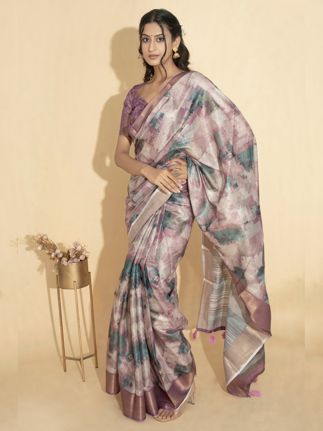 Lavender Abstract Print Saree with Rose-Gold Zari Border and Striped Pallu