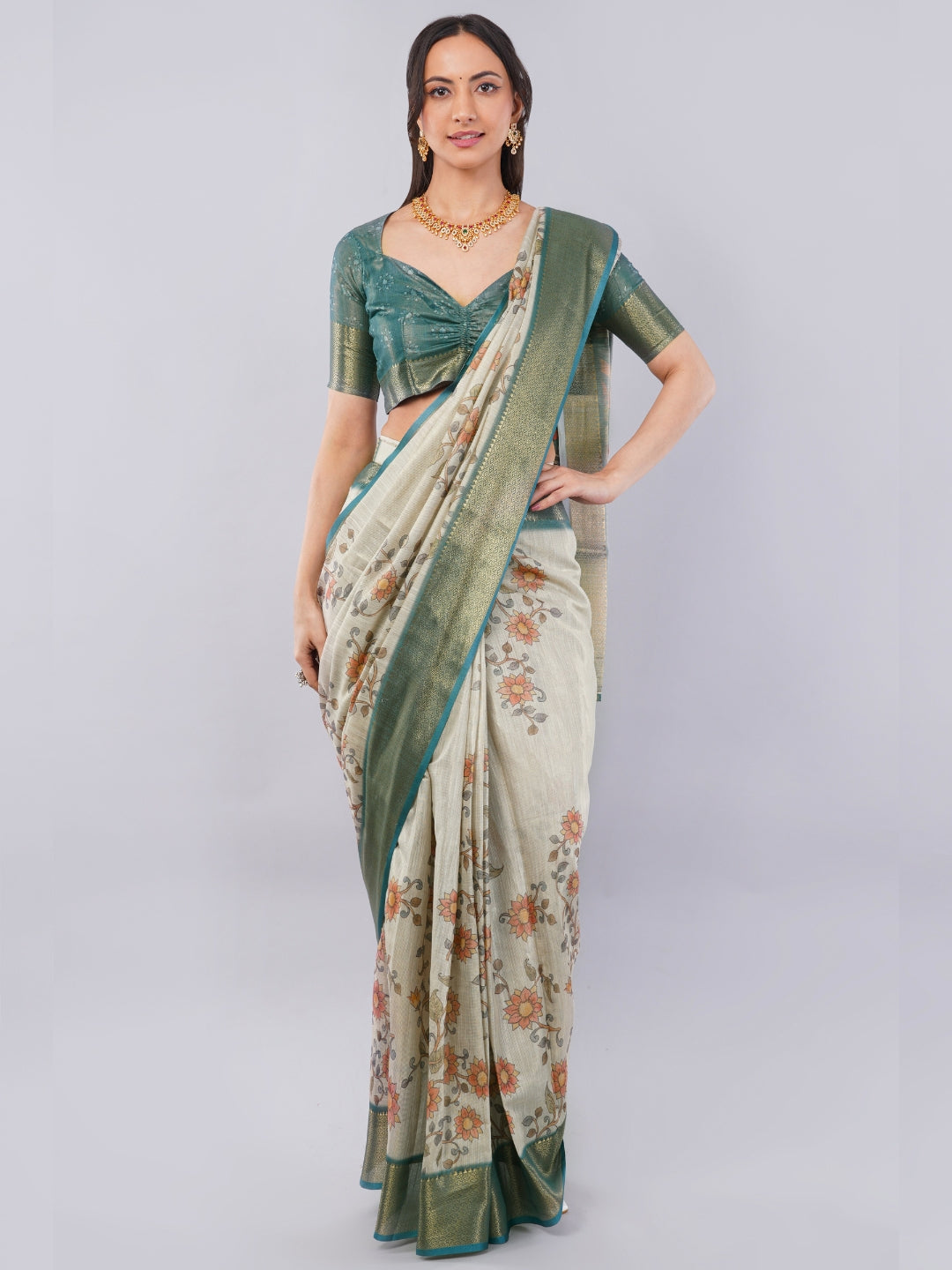 Off-White & Teal Ready-to-Wear Printed Saree with Pocket