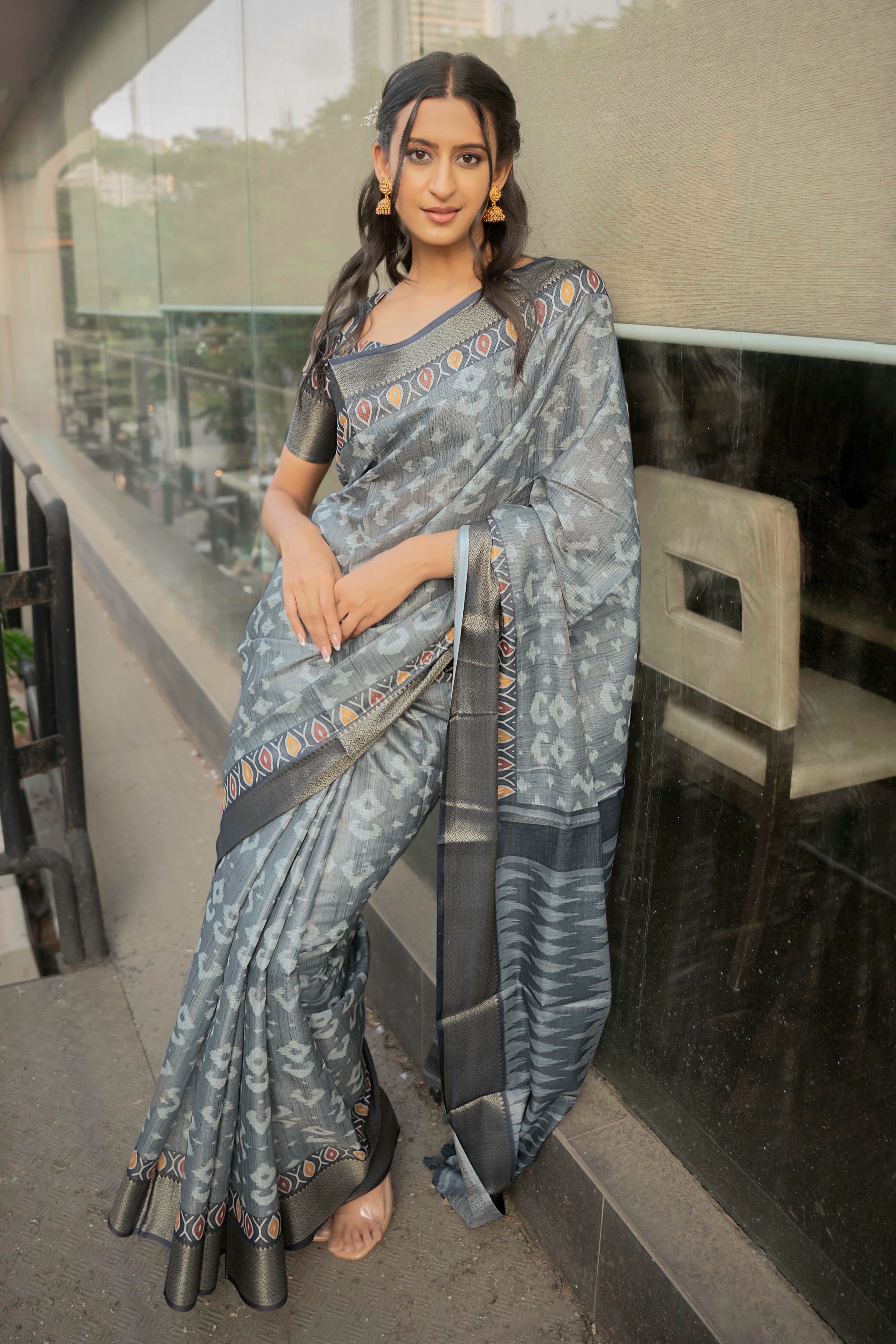 Grey and Slate Ikat Print Saree with Zari Border and Coordinating Blouse