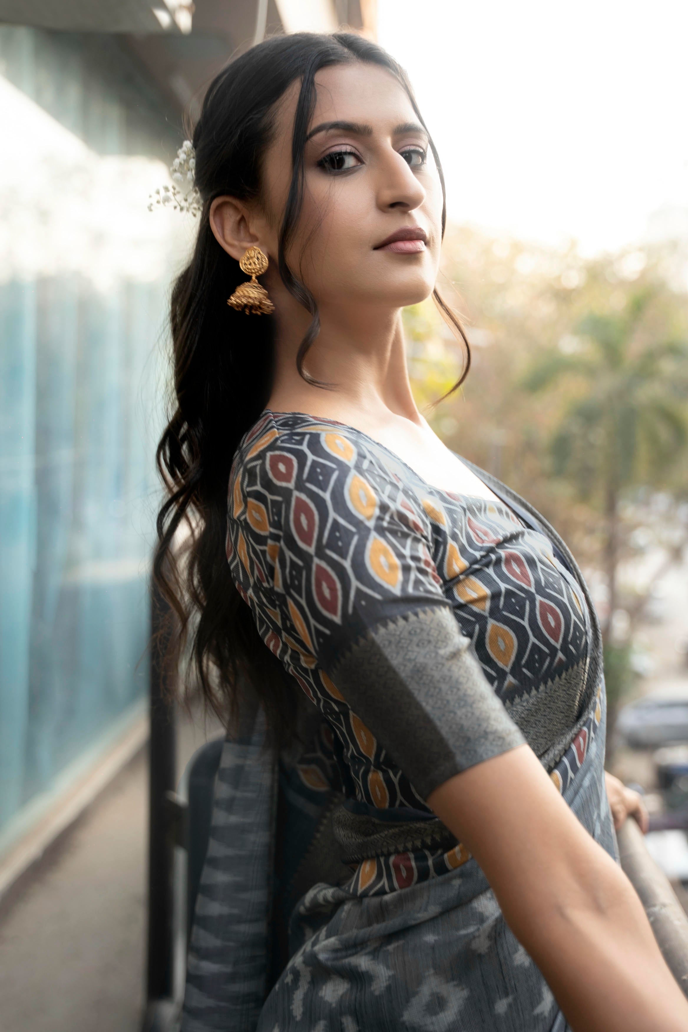 Grey and Slate Ikat Print Saree with Zari Border and Coordinating Blouse