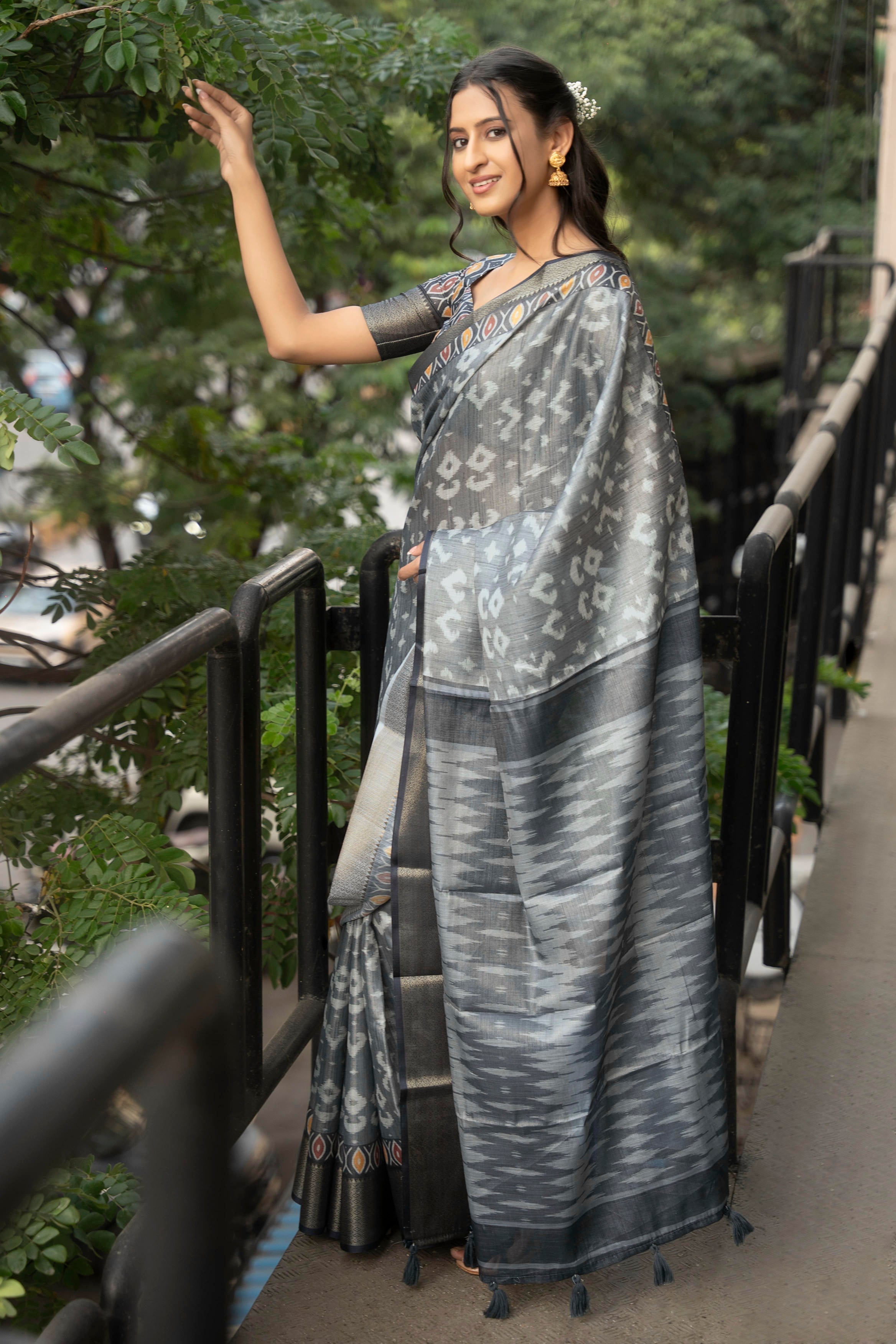 Grey and Slate Ikat Print Saree with Zari Border and Coordinating Blouse
