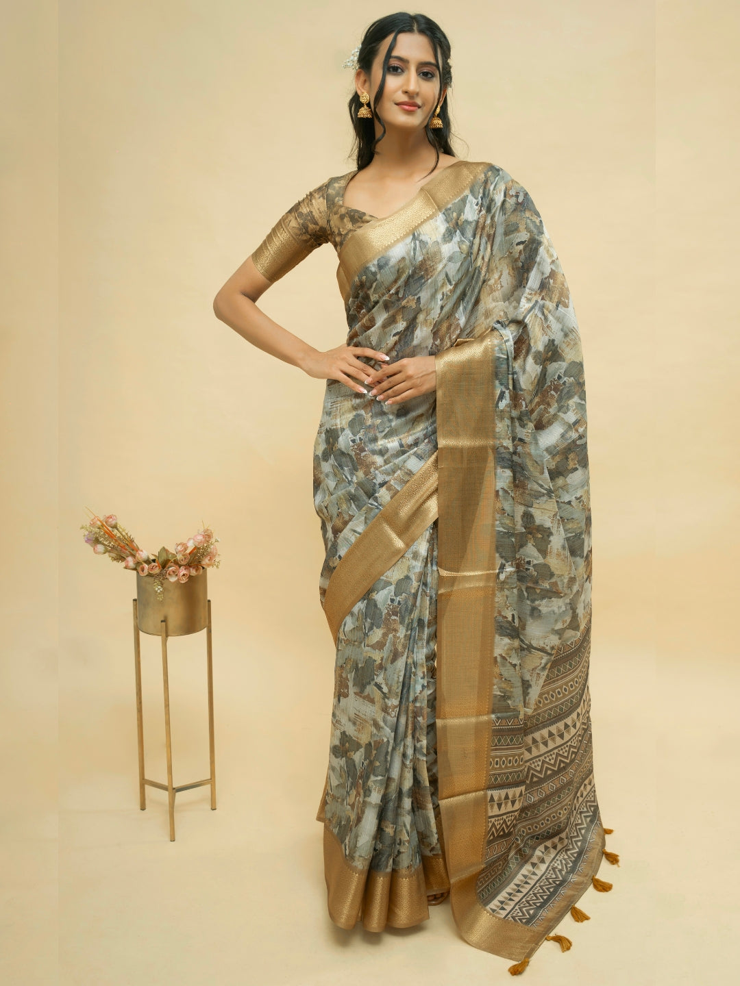 Grey and Earthy Brown Abstract Print Saree with Antique Gold Zari Border