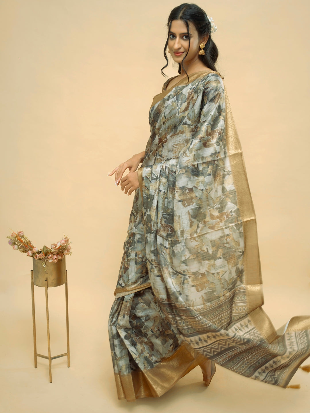 Grey and Earthy Brown Abstract Print Saree with Antique Gold Zari Border