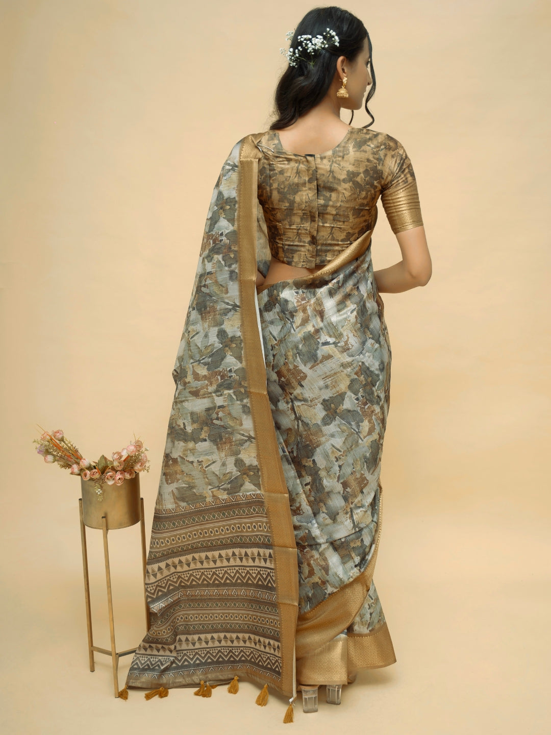Grey and Earthy Brown Abstract Print Saree with Antique Gold Zari Border