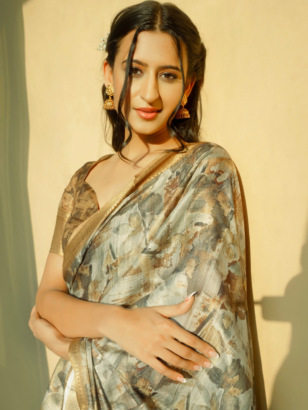 Grey and Earthy Brown Abstract Print Saree with Antique Gold Zari Border
