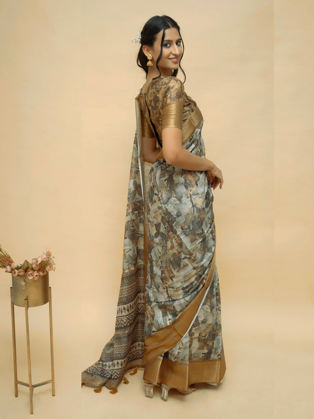 Grey and Earthy Brown Abstract Print Saree with Antique Gold Zari Border