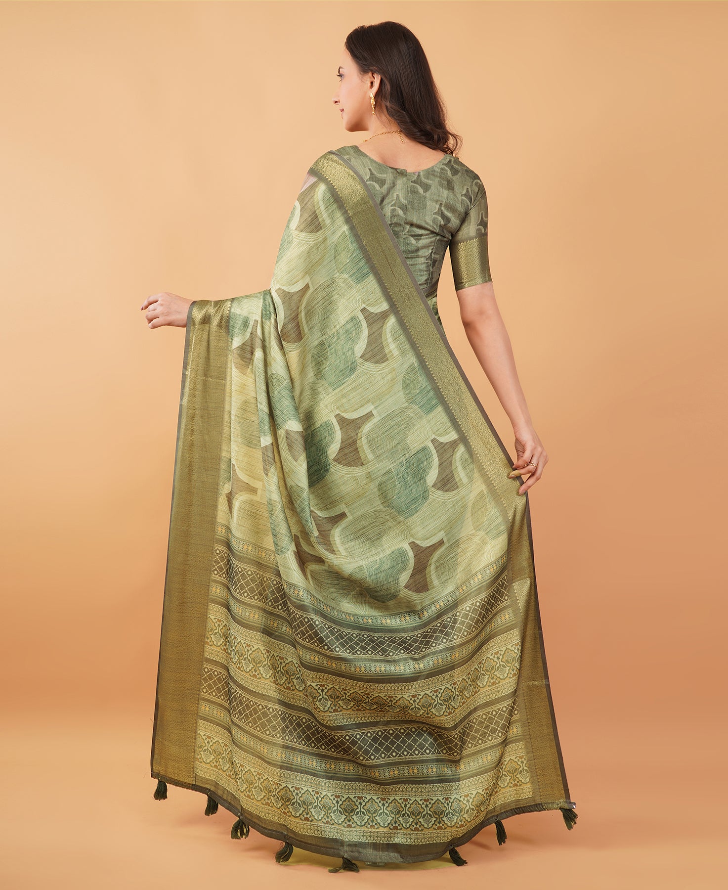 Geometric Mosaic Print Saree in Slate & Lavender with Antique Zari Border
