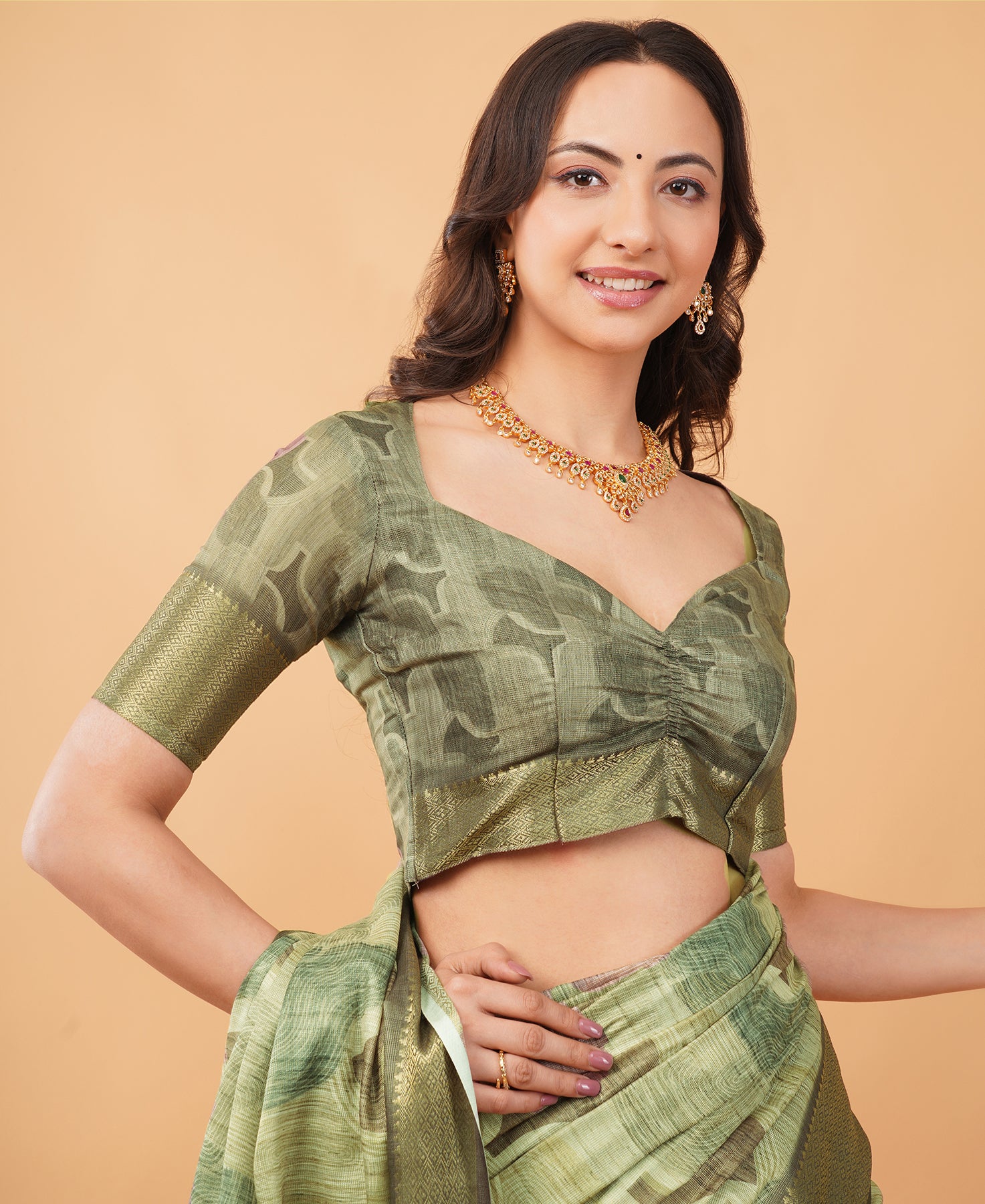 Geometric Mosaic Print Saree in Slate & Lavender with Antique Zari Border