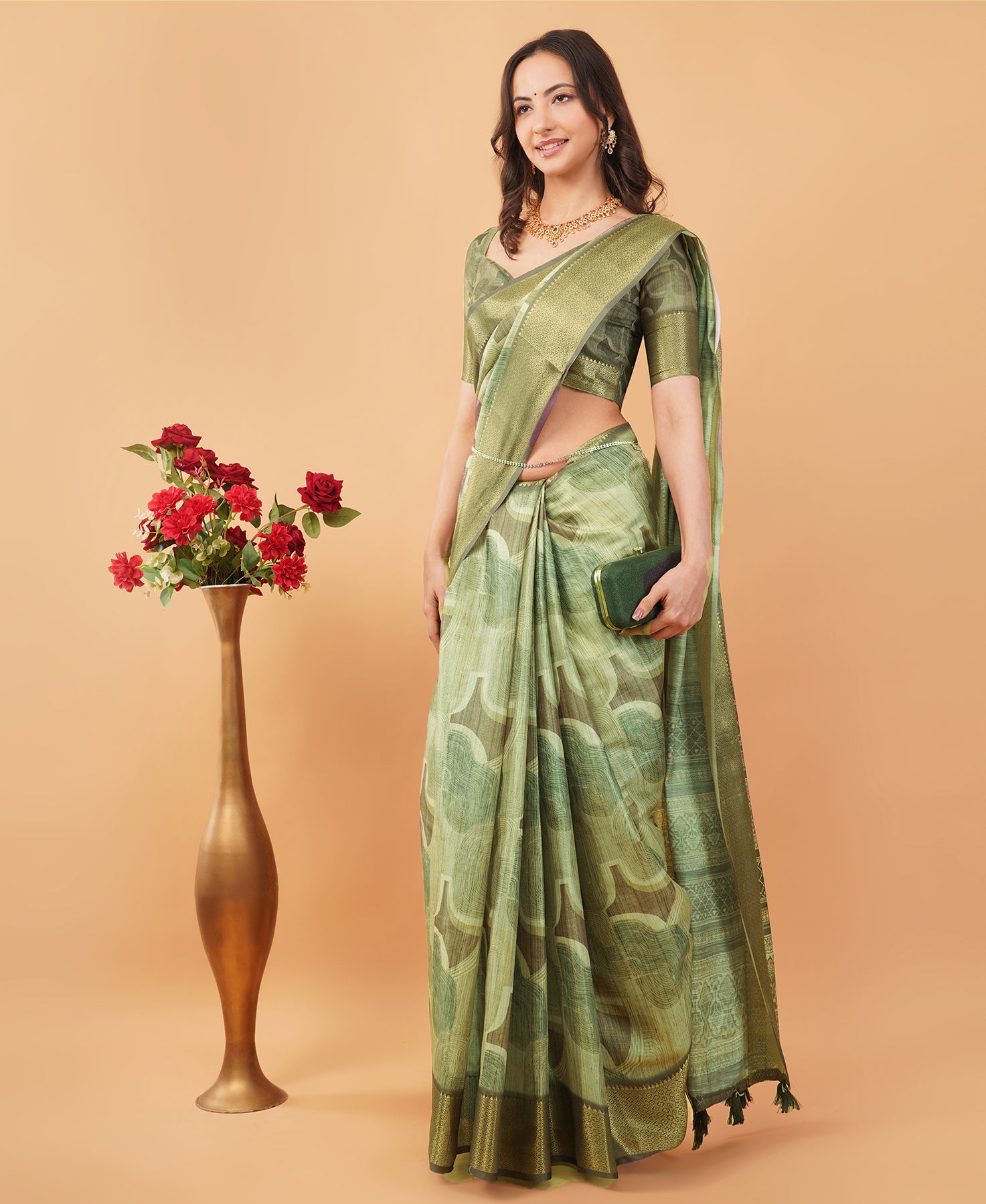 Geometric Mosaic Print Saree in Slate & Lavender with Antique Zari Border