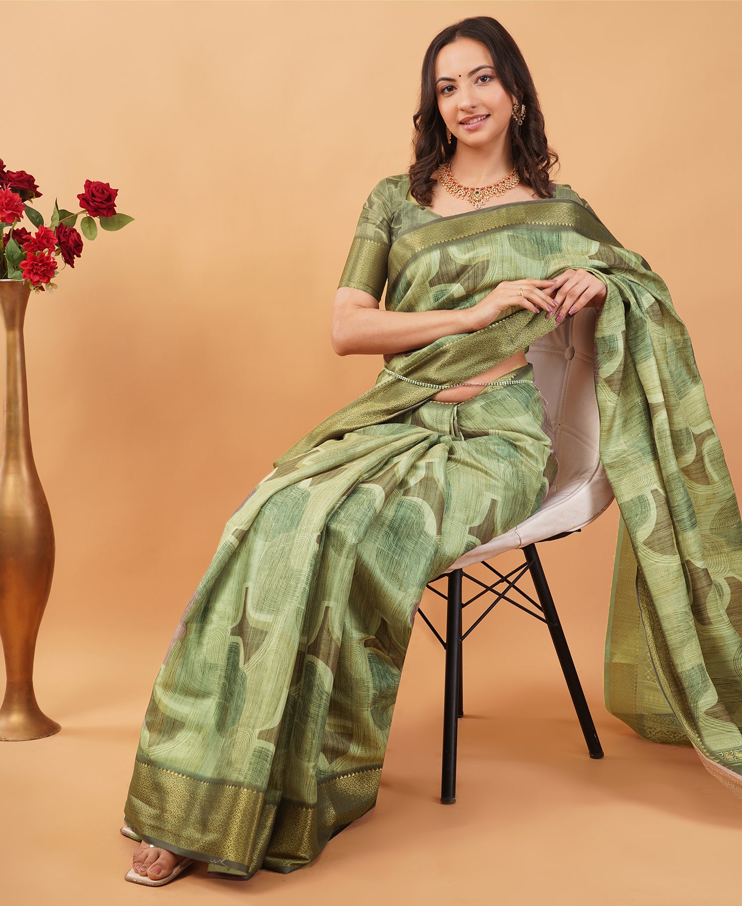 Geometric Mosaic Print Saree in Slate & Lavender with Antique Zari Border