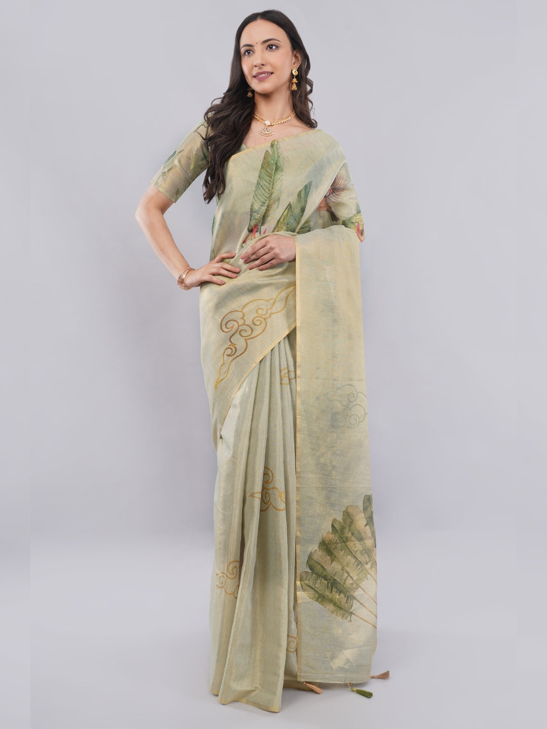 Samantha Off White Multigreen Rose Botanical Erode Zari Saree