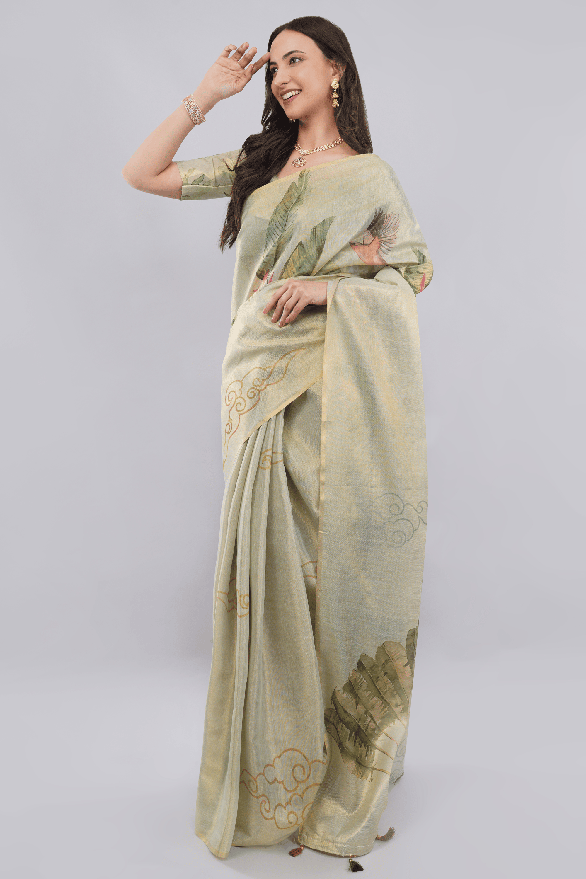 Samantha Off White Multigreen Rose Botanical Erode Zari Saree