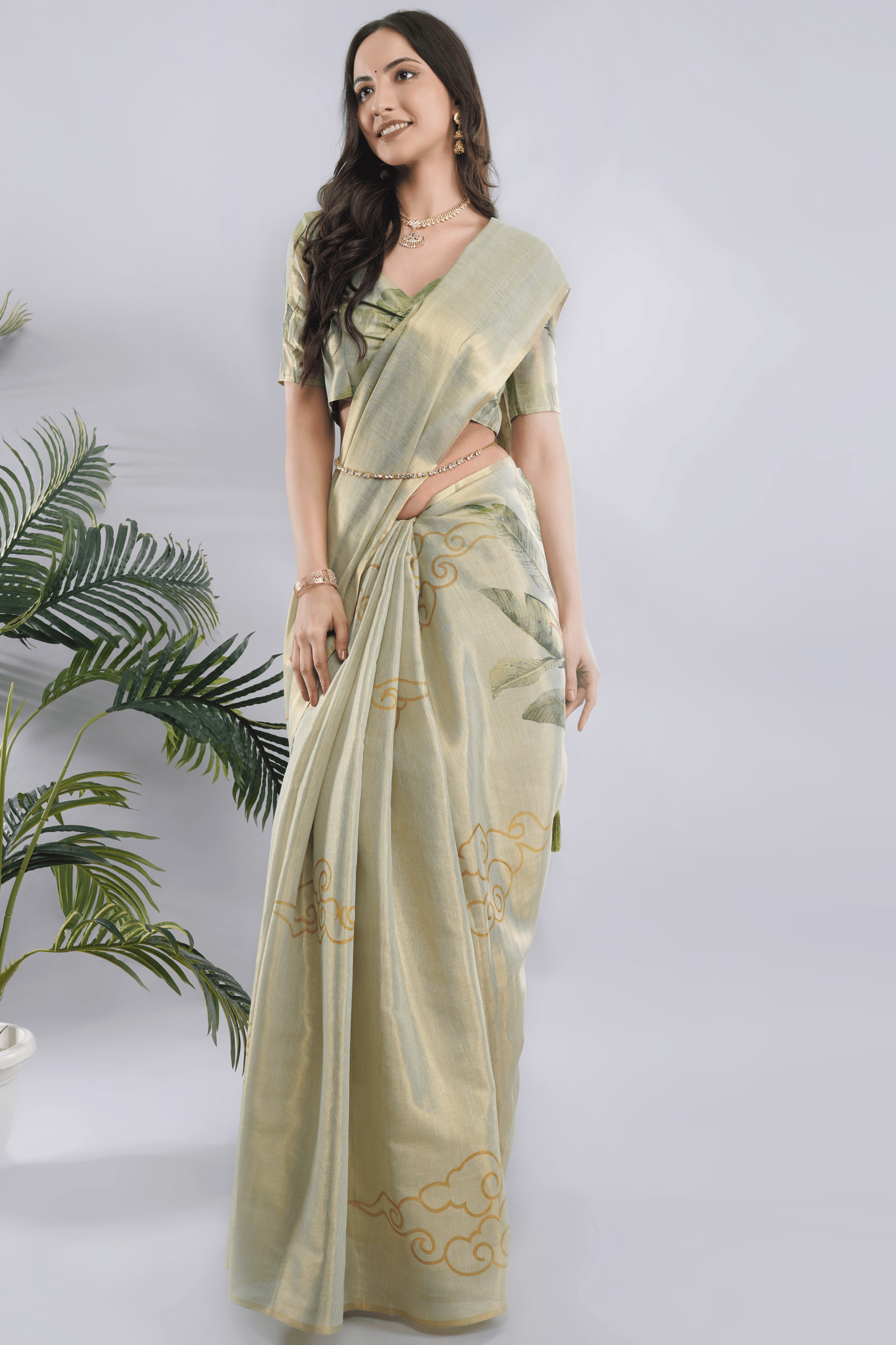 Samantha Off White Multigreen Rose Botanical Erode Zari Saree