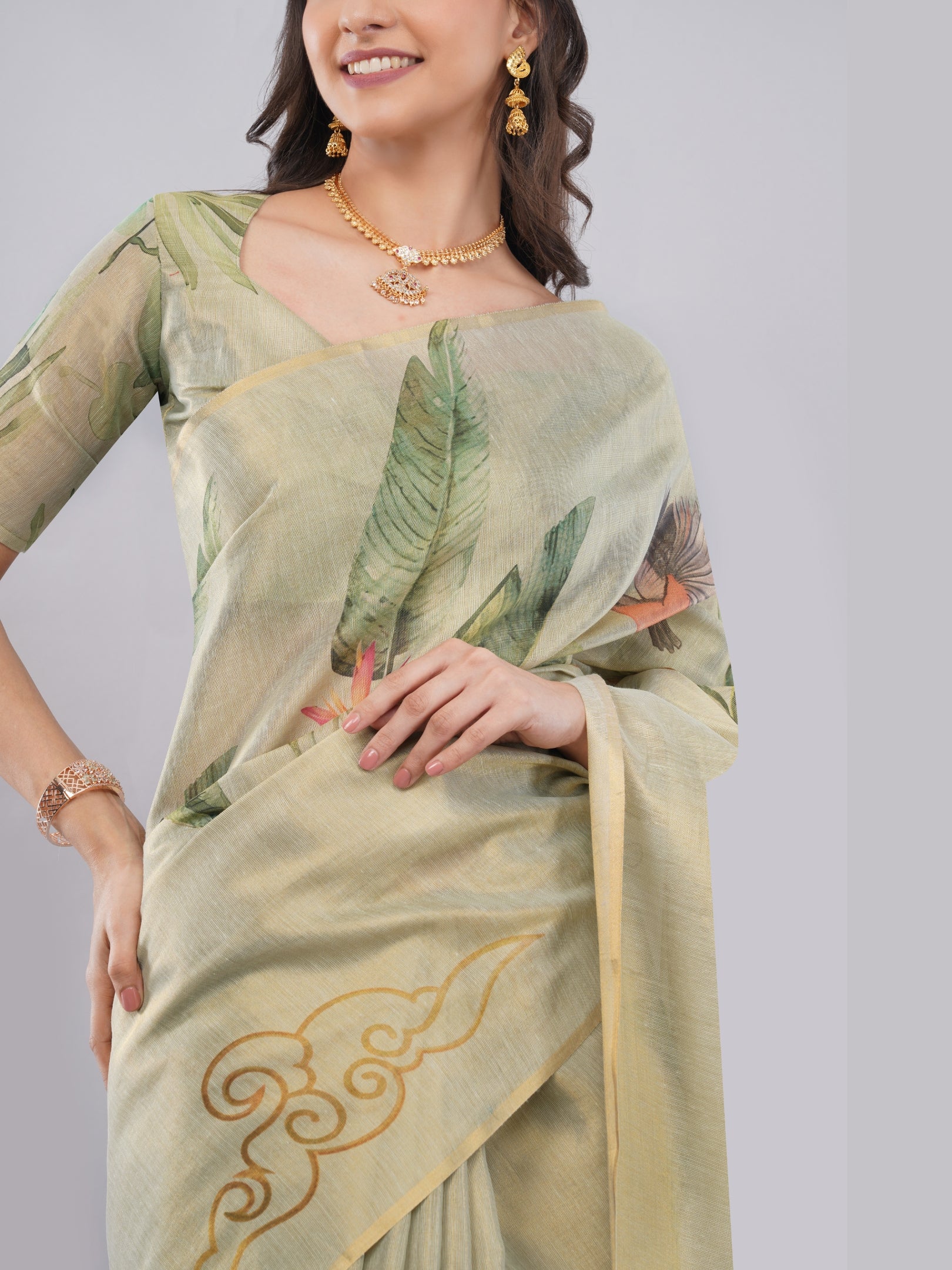 Samantha Off White Multigreen Rose Botanical Erode Zari Saree