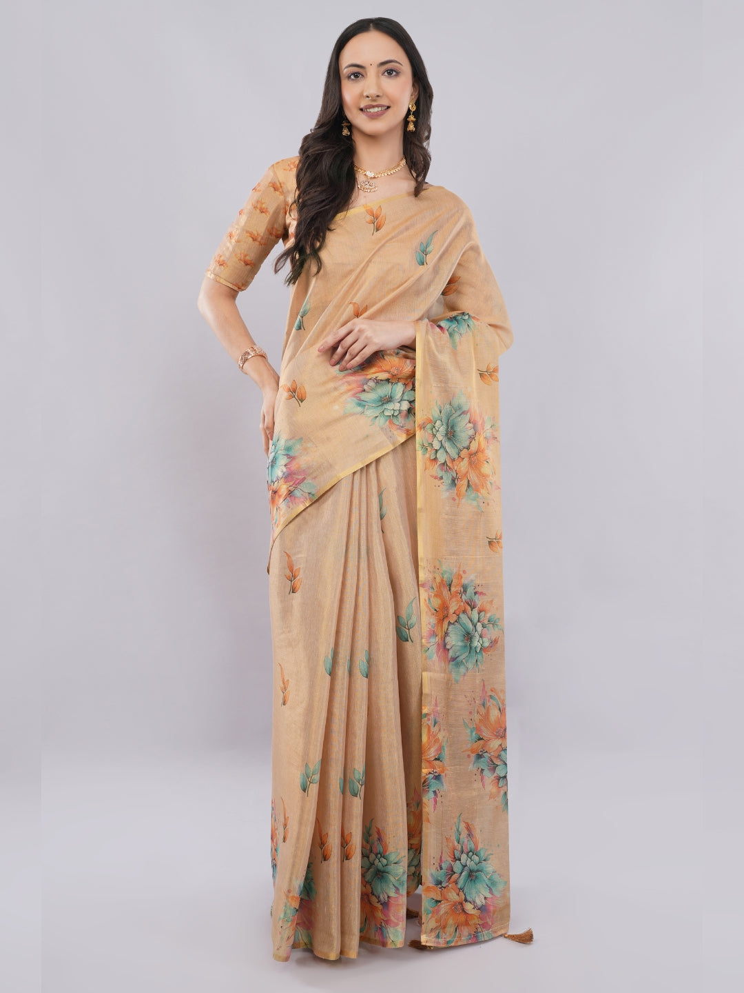 Samantha Off White Peach Rose Botanical Erode Zari Saree