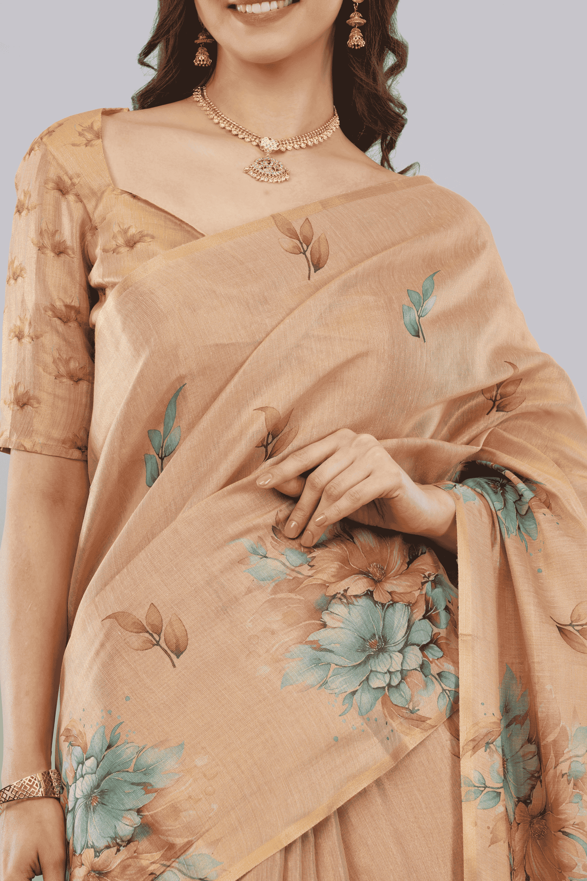 Samantha Off White Peach Rose Botanical Erode Zari Saree