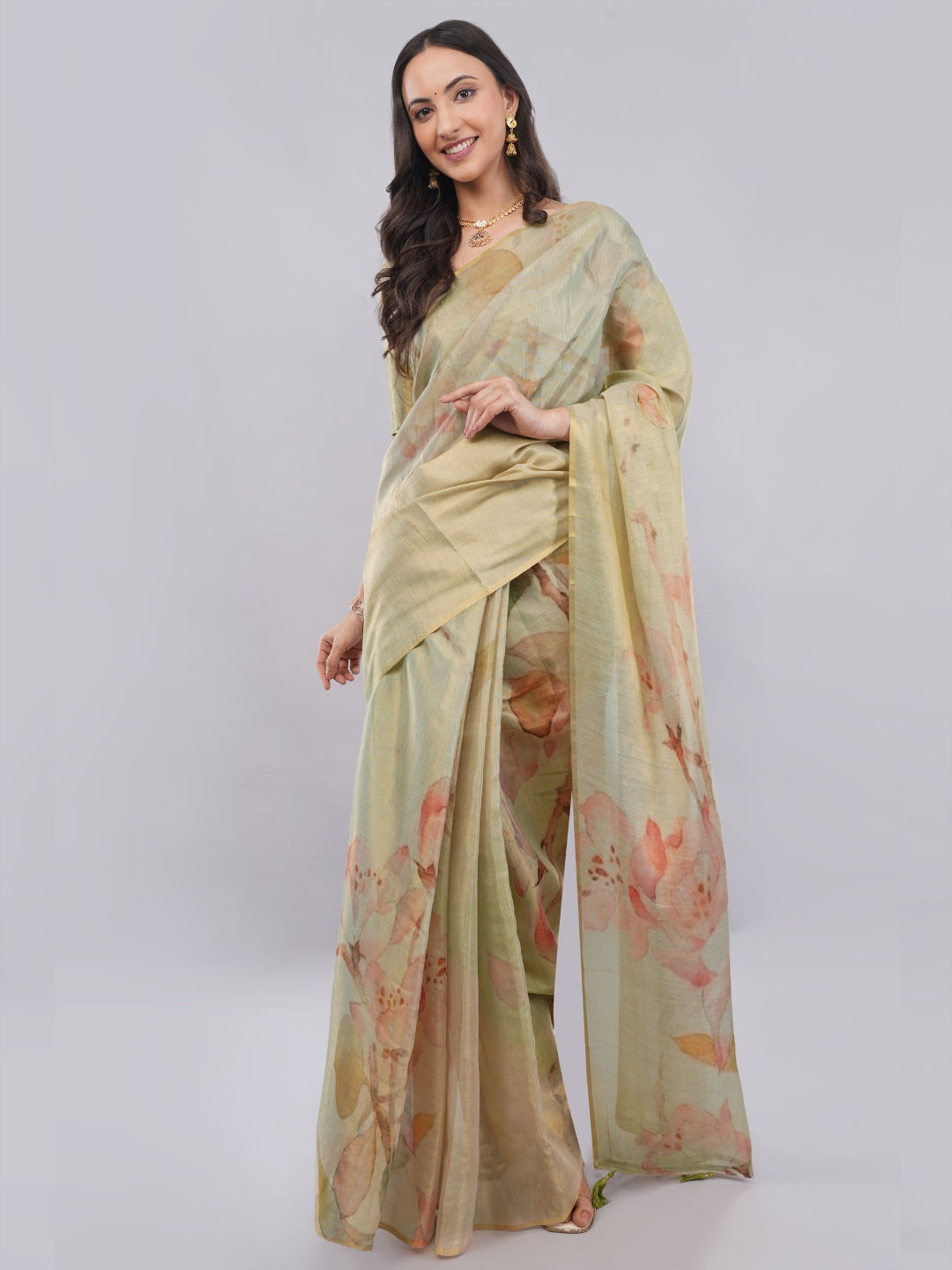 Samantha Off White Green Rose Botanical Erode Zari Saree